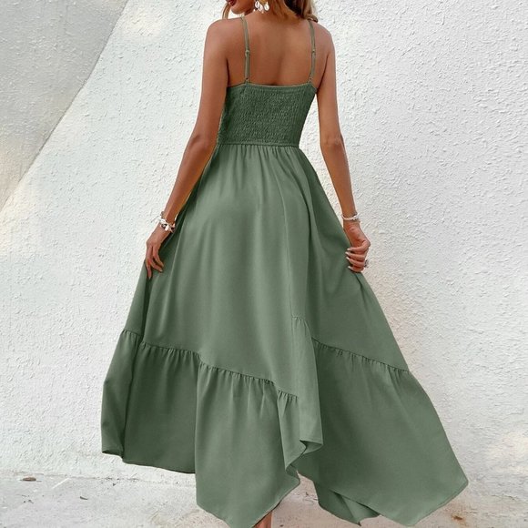 Green Boho Womens Shirred Hanky Hem Cami Dress - Picture 2 of 4